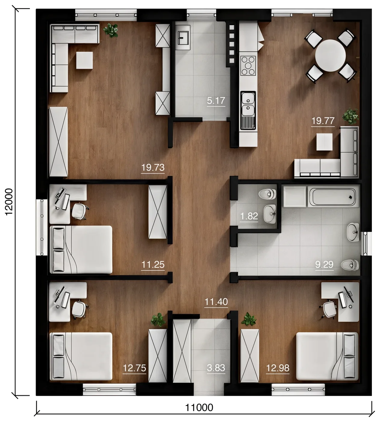 Дом под ключ 115 м² с отдельной кухней и гостиной: планировка 1