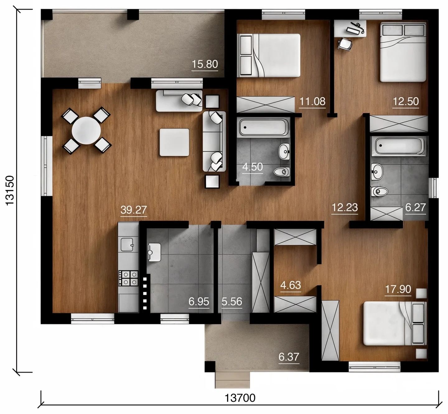 Дом под ключ 128 м² с кухней-гостиной 39 м²: планировка 1