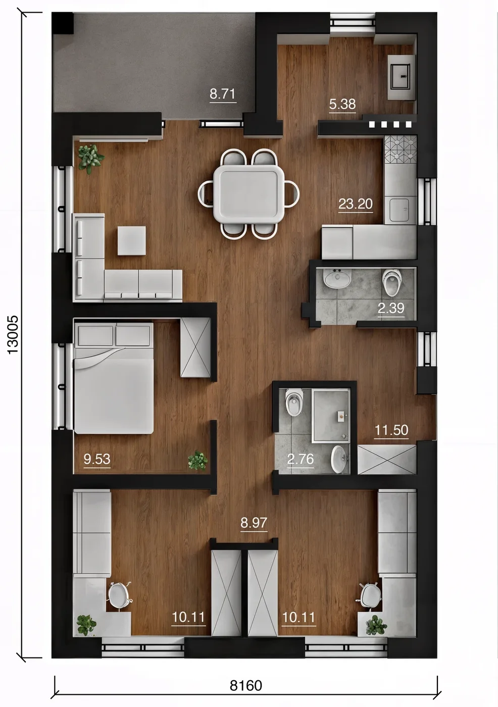 Дом под ключ 80 м² с тремя спальнями: планировка 1