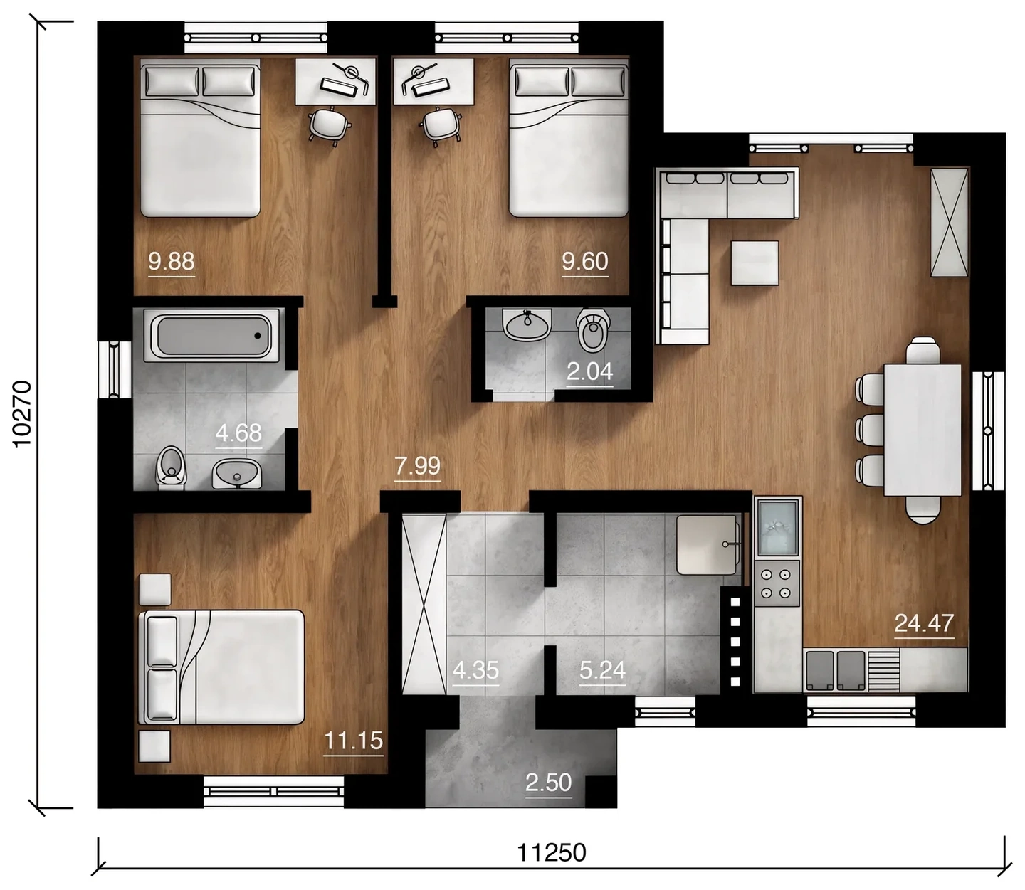 Дом под ключ 85 м² с двумя санузлами: планировка 1
