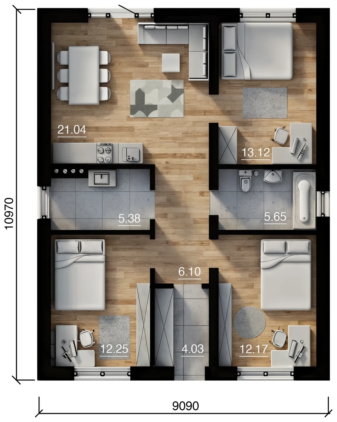 Дом под ключ 85 м² с кухней-гостиной: планировка 1