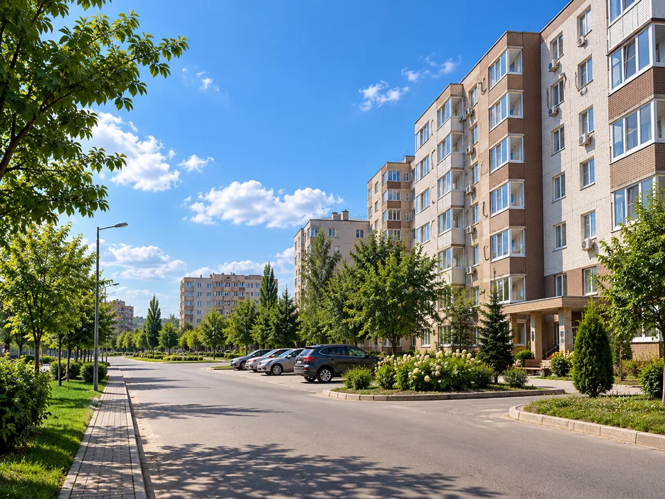 Городская улица с современной многоквартирной застройкой
